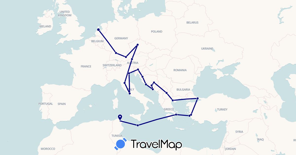 TravelMap itinerary: driving in Austria, Bosnia and Herzegovina, Czech Republic, Germany, Greece, Croatia, Italy, Macedonia, Malta, Netherlands, Slovenia, Tunisia, Turkey (Africa, Asia, Europe)
